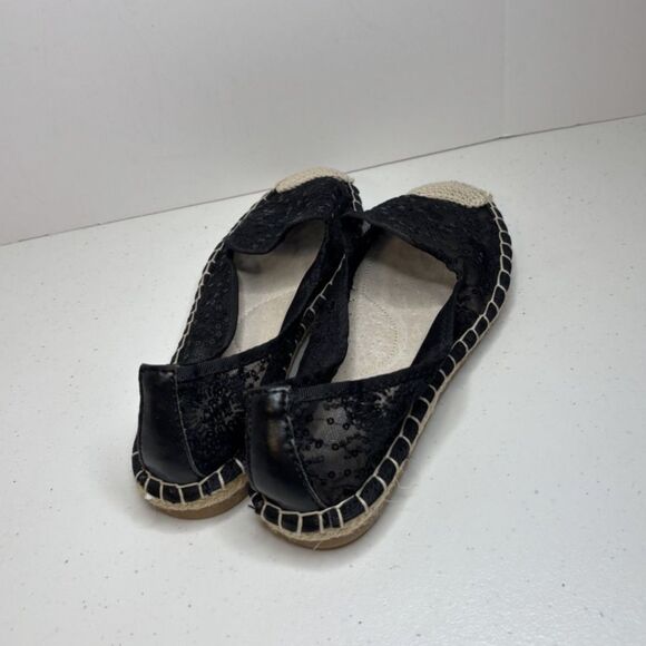 Tiosebon Lace Black Florals Sequin Espadrilles Flats Slip Ons Comfy Womens NWOB - Picture 4 of 7